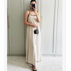 NWOT Shy Velvet Contrast Strap Linen Cotton Maxi Dress Natural Black XL